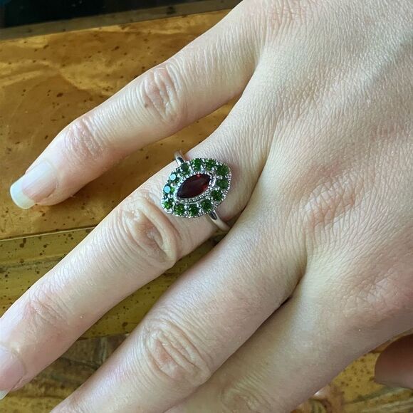 Natural Red Garnet Chrome Diopside Sterling Silver Halo Ring Size 7 - Picture 4 of 9